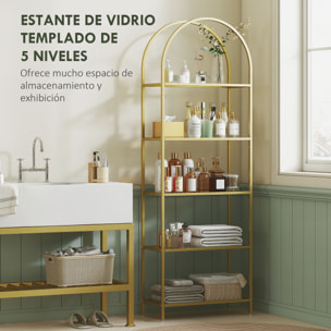 Estantería de Vidrio Templado de 5 Niveles, Estantería Almacenaje, Estructura Arqueada, Librería Estrecha para Espacios Pequeños, Baño, Sala de Estar y Cocina, 60x30x175 cm, Dorado