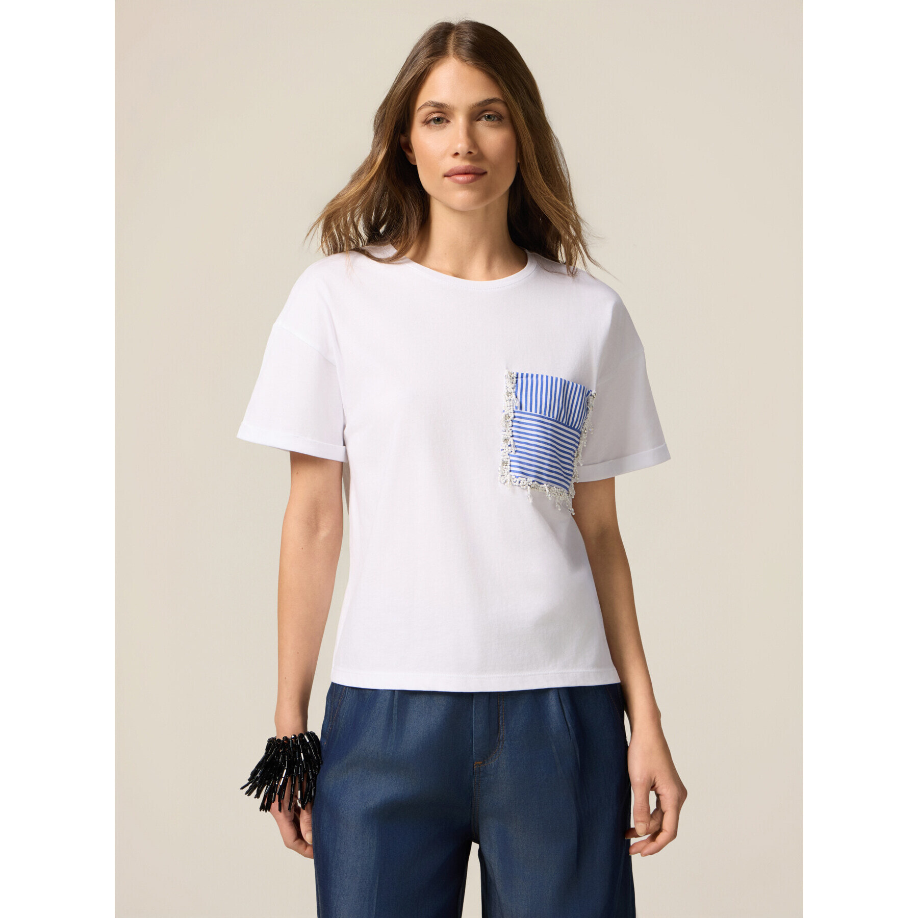 Oltre - Camiseta con bolsillo y cuentas - Blanco