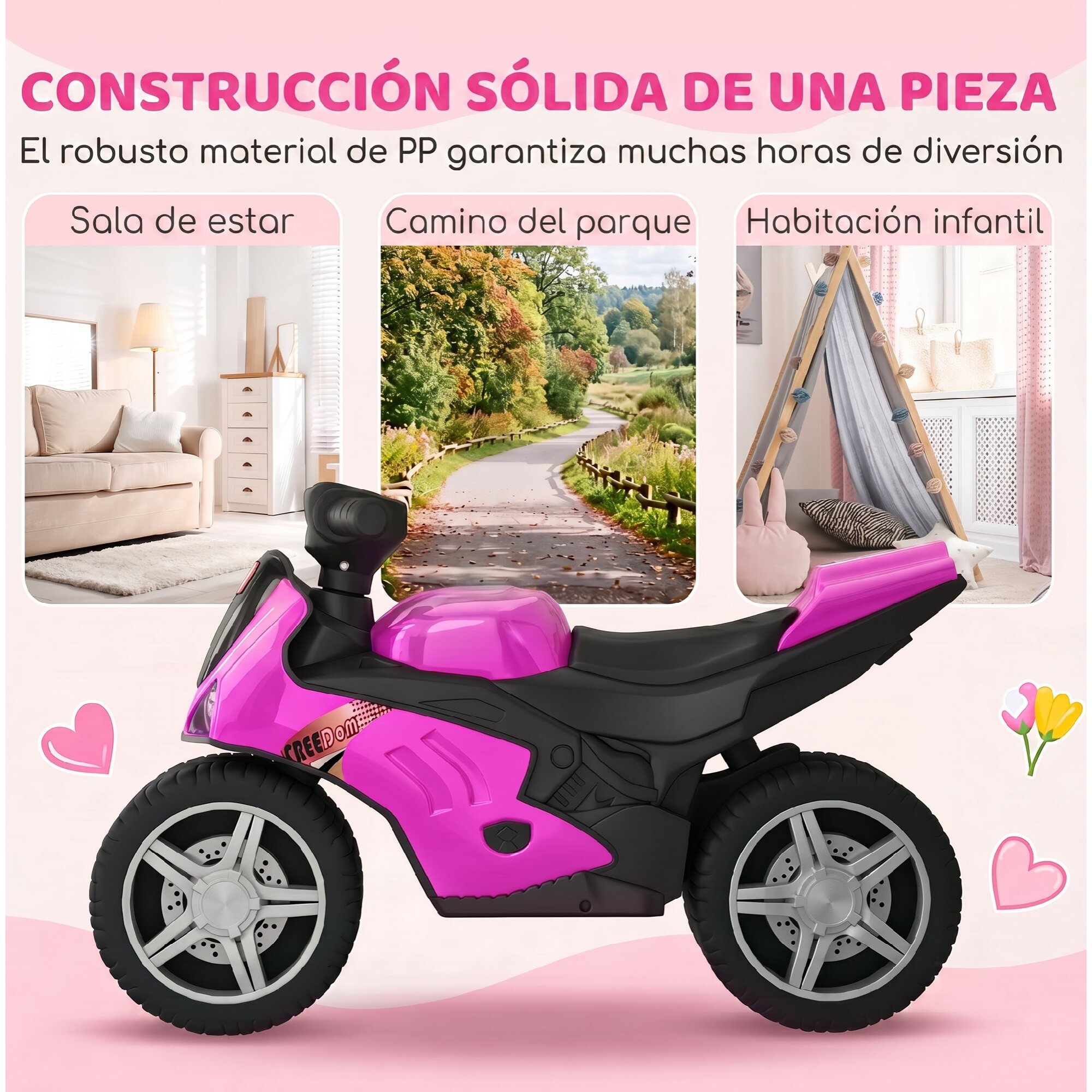 Bicicleta sin Pedales, Moto Correpasillos con Música y Ruedas Extra Anchas, Bicicleta de Equilibrio para Niños y Niñas de 18 a 36 Meses, Rosa