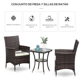 Conjunto de Muebles de Exterior de Ratán 1 Mesa 2 Sillas Estructura Metal Marrón