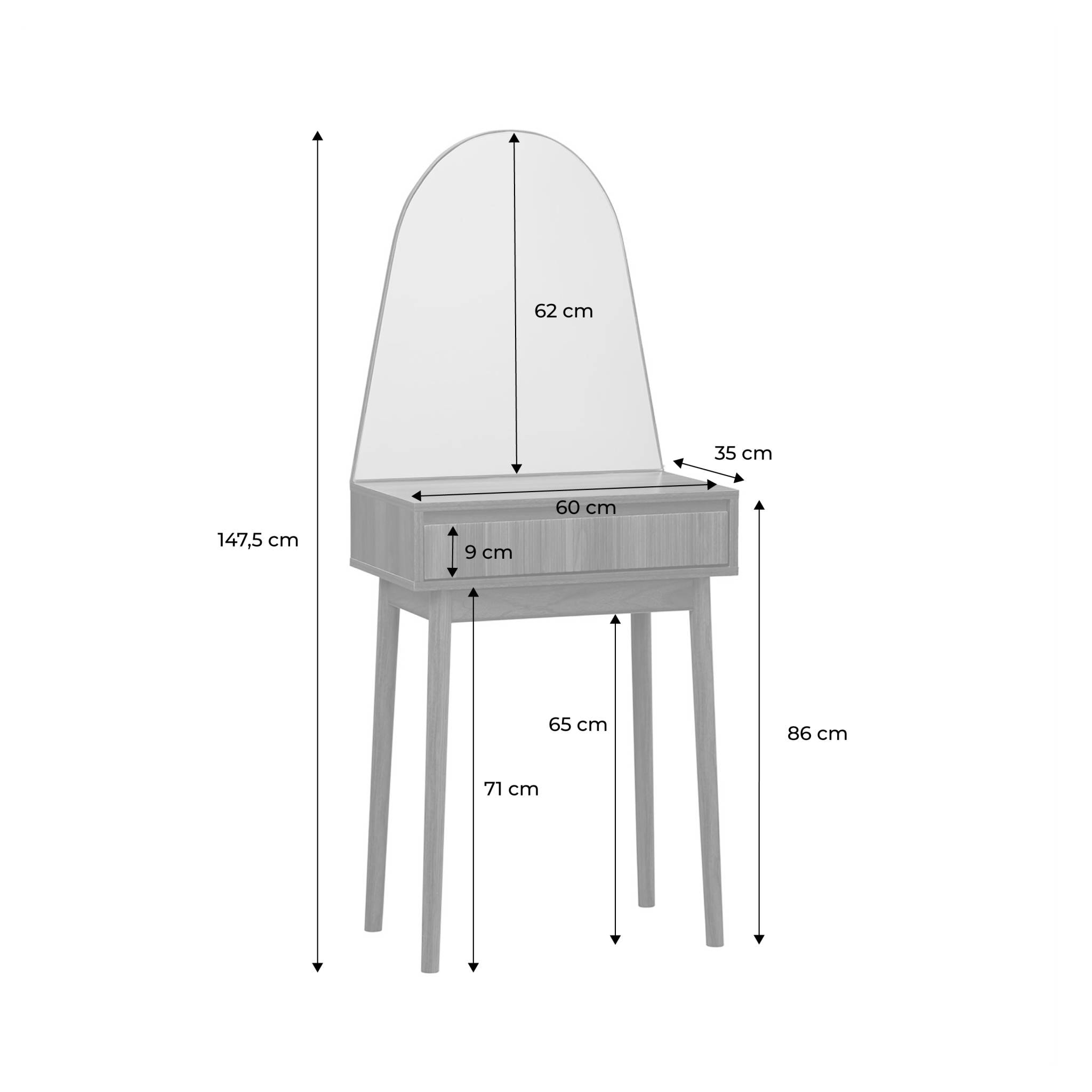 Coiffeuse décor bois LINEAR miroir arrondi 1 tiroir 60 cm. façade striée. Noyer