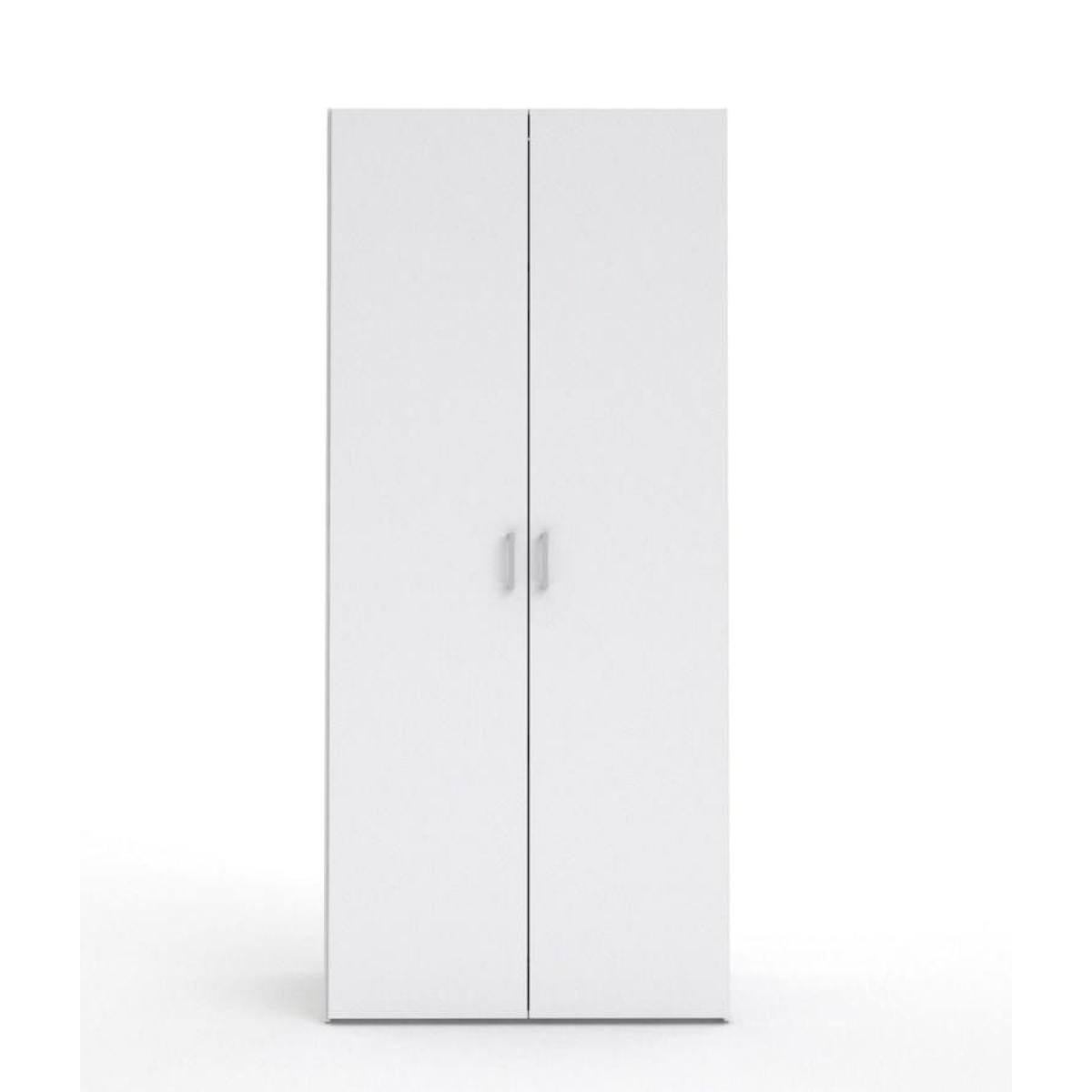 Armadio guardaroba a due ante battenti con due ripiani interni e barra appendiabiti, colore bianco, Misure 77 x 175 x 49 cm