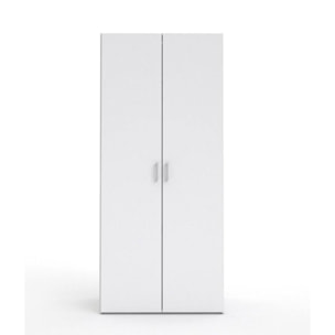 Armadio guardaroba a due ante battenti con due ripiani interni e barra appendiabiti, colore bianco, Misure 77 x 175 x 49 cm