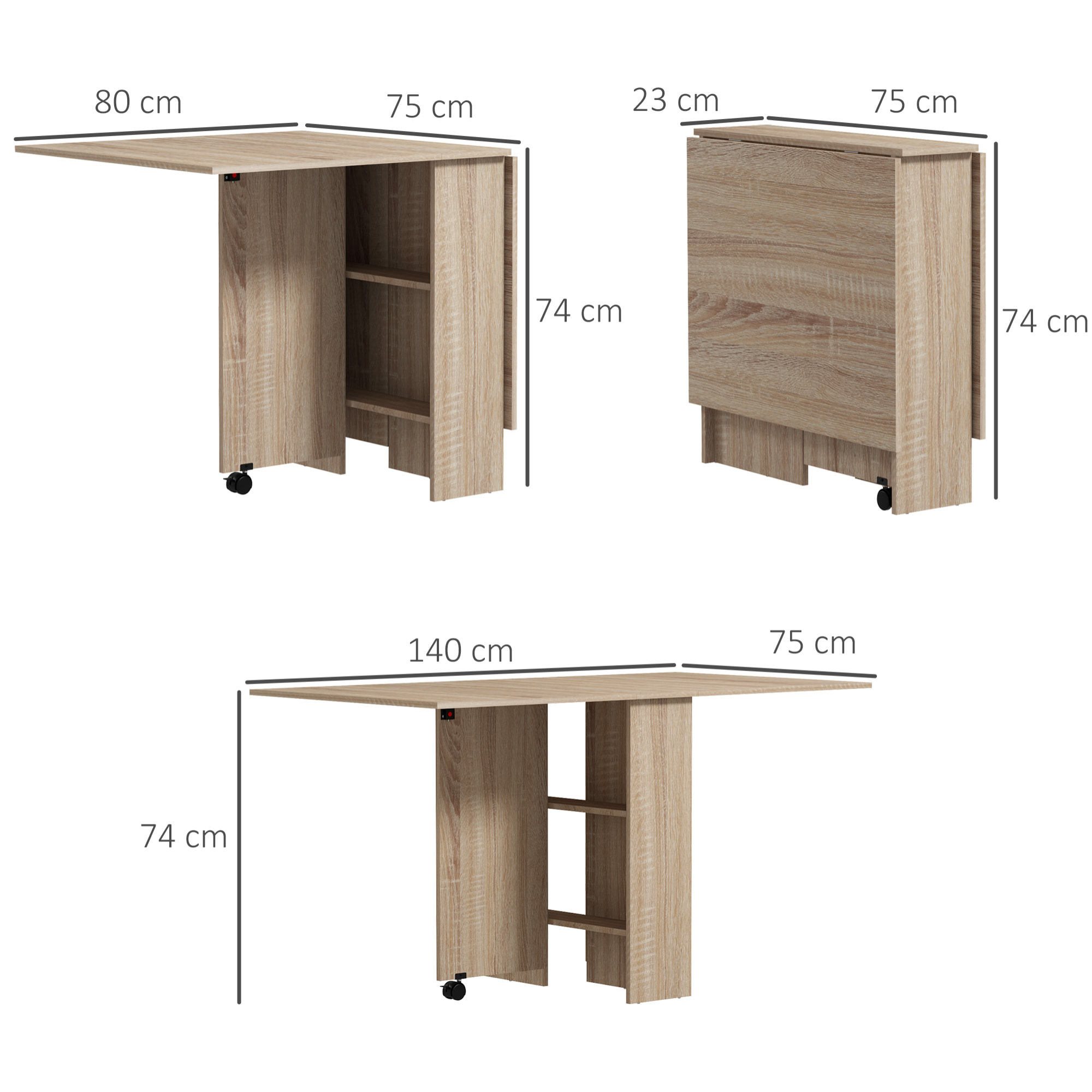 Mesa de Comedor Plegable Mesa Auxiliar con Alas Abatibles y 2 Estantes de Almacenamiento Estilo Moderno para Cocina Restaurante 75x140x74 cm Natural