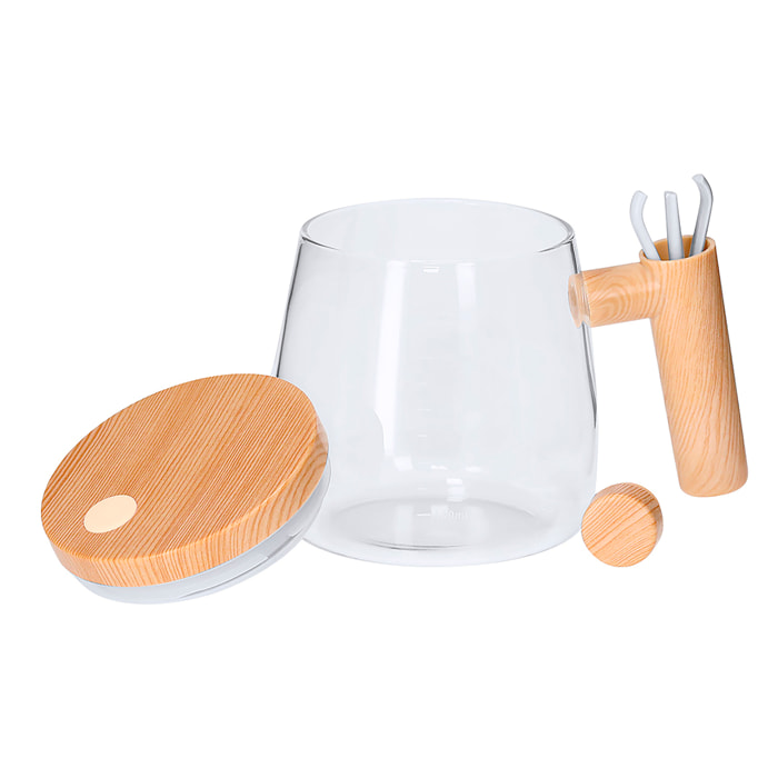 Taza mezcladora en resistente cristal de borosilicato de 400ml de capacidad. Incluye tapadera con agitador eléctrico.