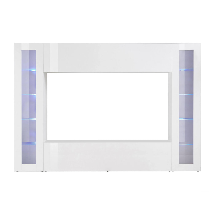 Parete attrezzata Amel, Set salotto porta TV a 4 ante, Mobile soggiorno multiuso, 100% Made in Italy, cm 260x30h180, Bianco lucido, con luce LED blu e due vetrine