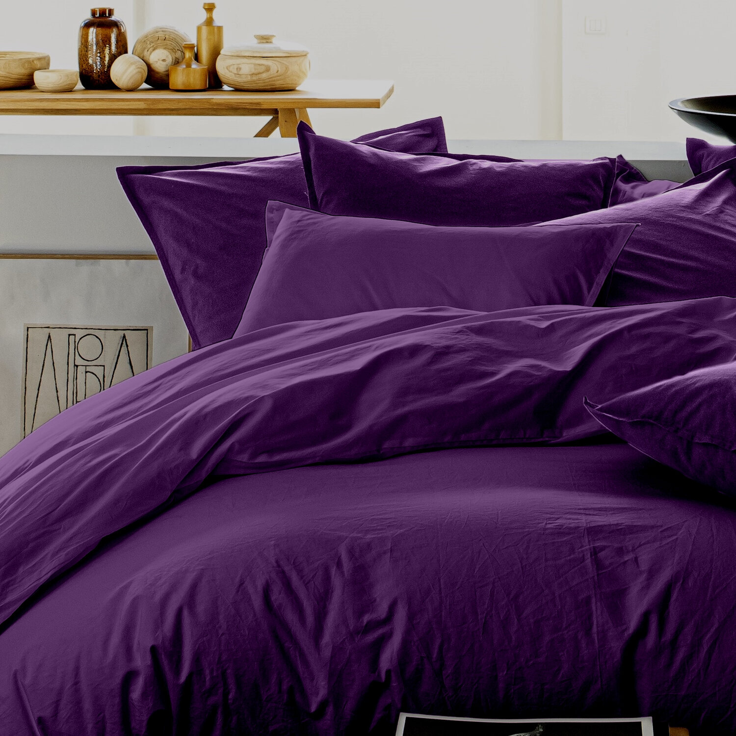 Housse de couette 100% lin lavé prune