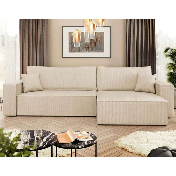 Cezanne - Canapé d'angle réversible 5 places convertible avec coffre en tissu texturé - Beige