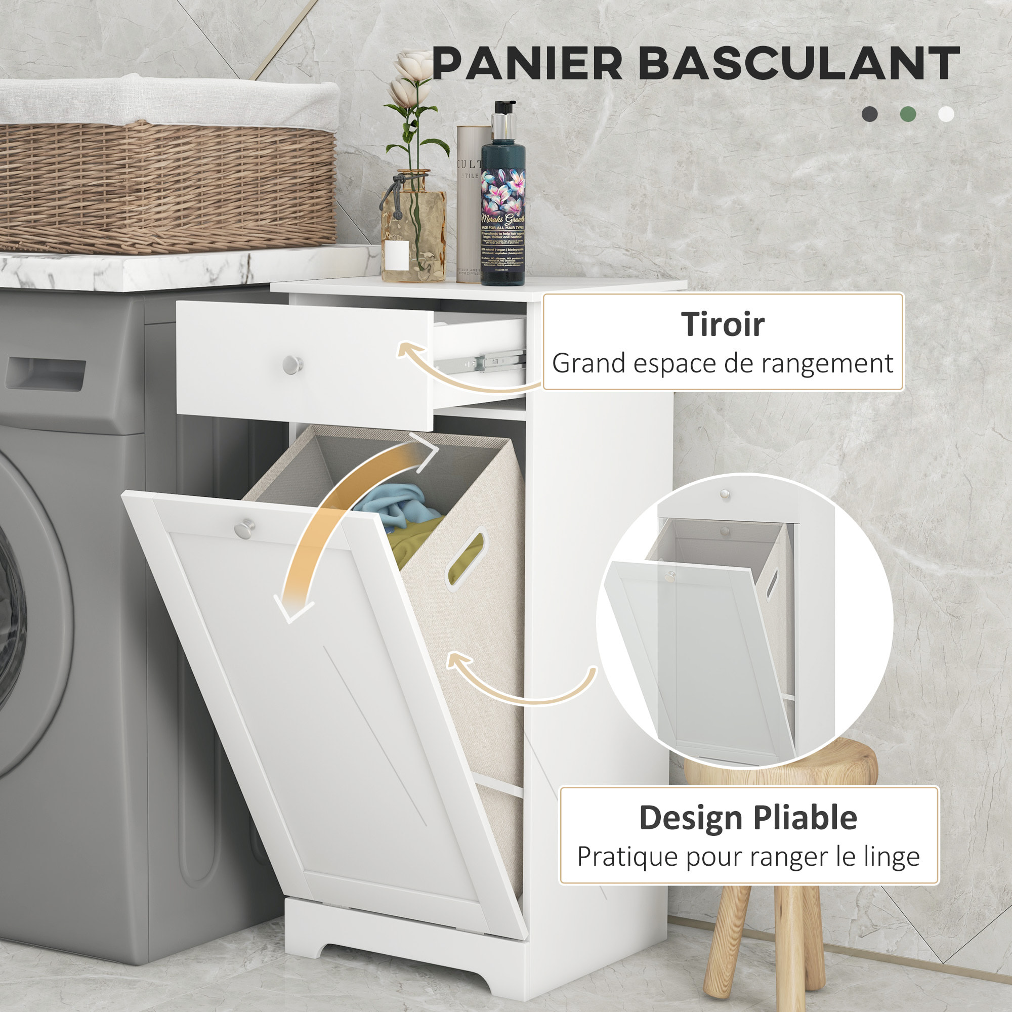 Meuble de salle de bain avec panier à linge, meuble de rangement avec tiroir - 40L x 40l x 90,5H cm - blanc