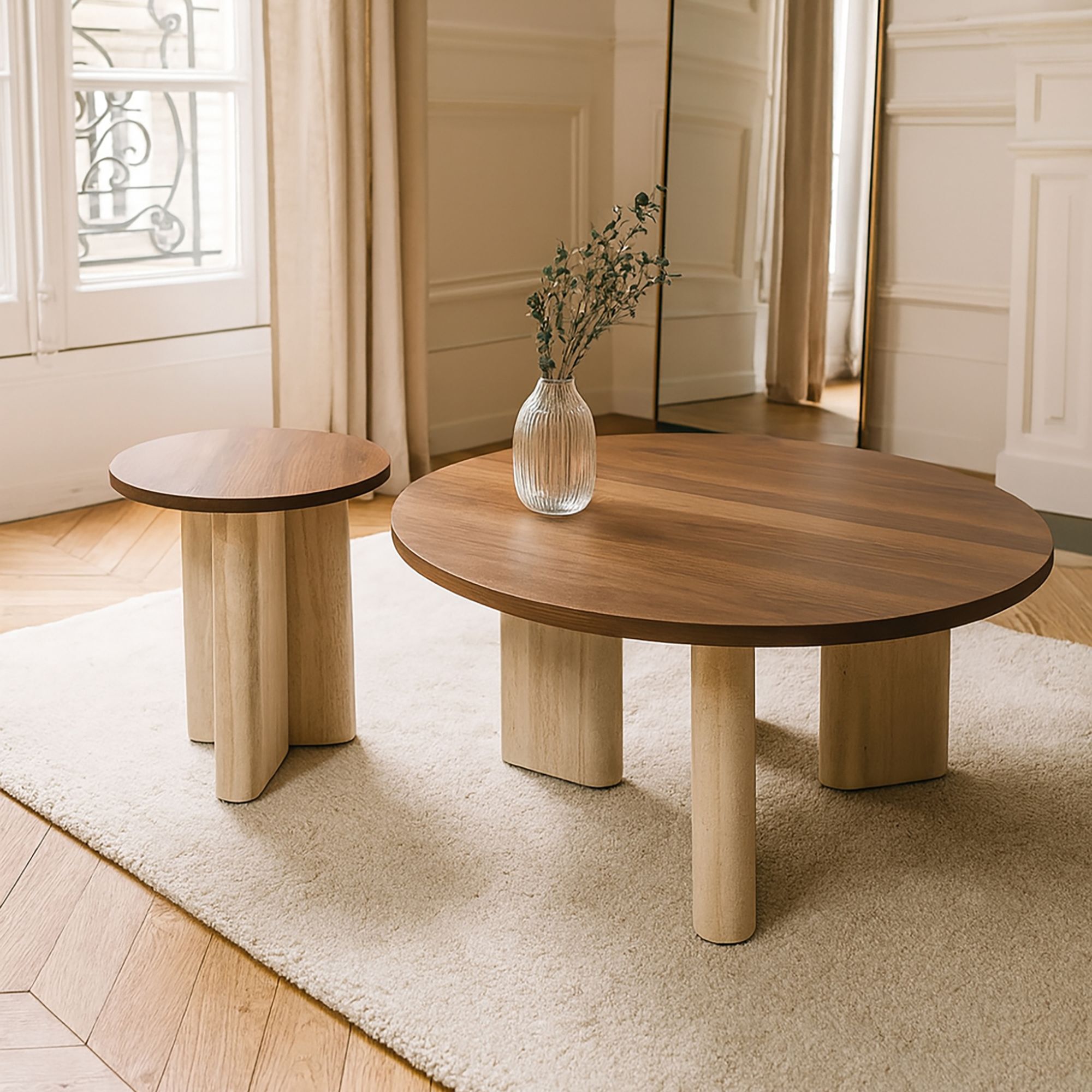 Table basse ronde avec plateau foncé 80cm en effet travertin et noyer AMBER