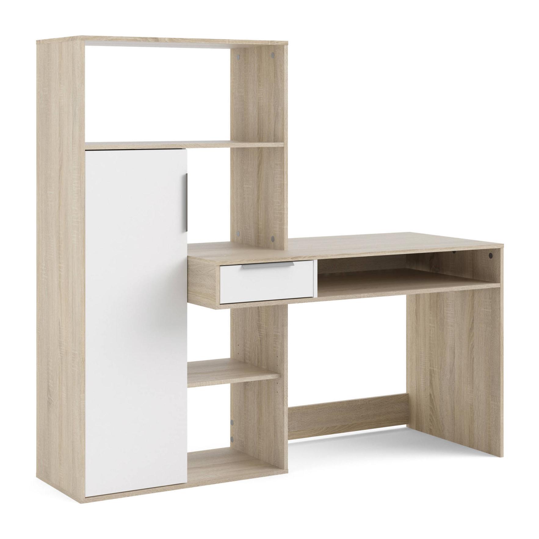 Scrivania multifunzione con libreria, cassetto e anta, colore bianco e rovere, cm 162 x 155 x 60