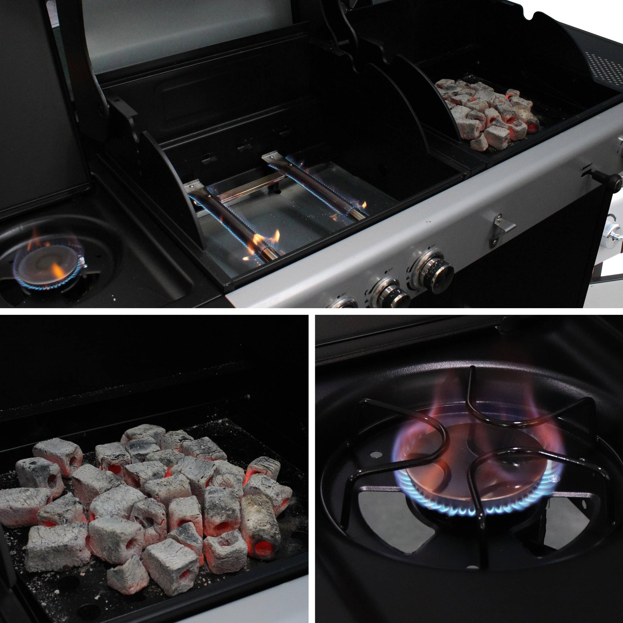 Barbecue 2 en 1 gaz et charbon, 3 brûleurs + 1 feu latéral, grill et fumoir avec tablettes et housse MARSAC AVEC HOUSSE