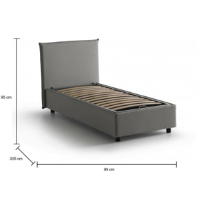 Letto singolo Argentino, Letto contenitore con rivestimento in tessuto, 100% Made in Italy, Apertura frontale, adatto per materasso Cm 80x190, Grigio
