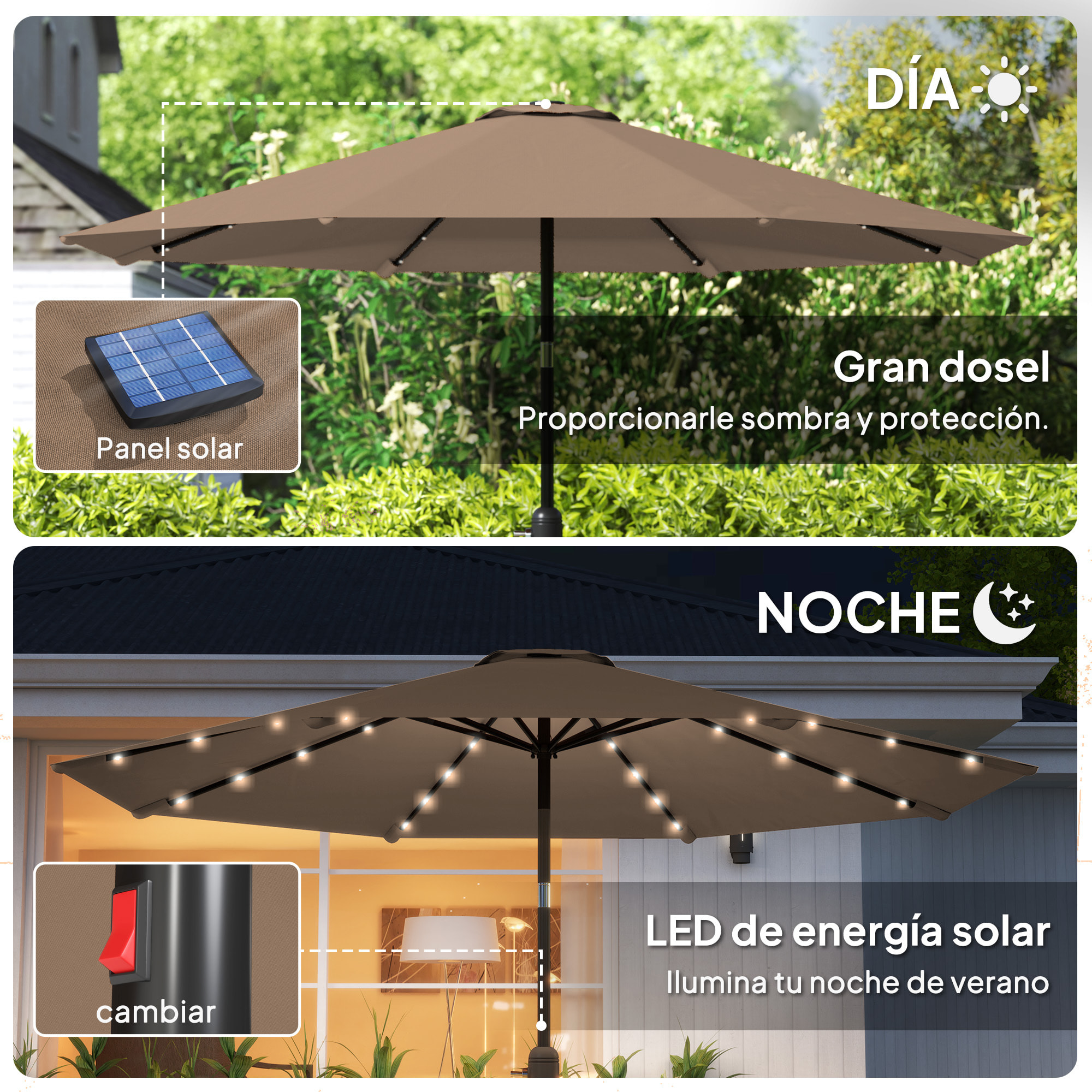 Sombrilla Terraza Exterior, Ø265 cm, Sombrilla de Jardín con 32 Luces LED Solares, Poste de Acero y Manivela de Parasol Inclinable, para Patio, Terraza, Caqui