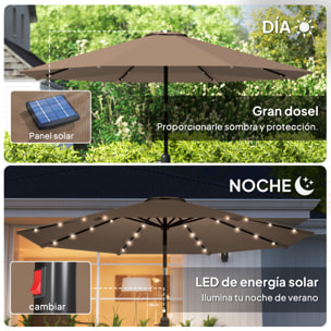 Sombrilla Terraza Exterior, Ø265 cm, Sombrilla de Jardín con 32 Luces LED Solares, Poste de Acero y Manivela de Parasol Inclinable, para Patio, Terraza, Caqui