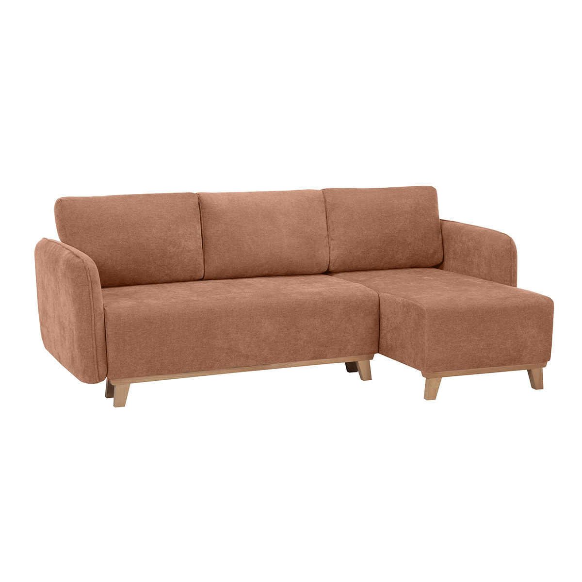 Canapé d'angle convertible et réversible 3-4 places en tissu effet velours terre brûlée et bois clair ROMANE