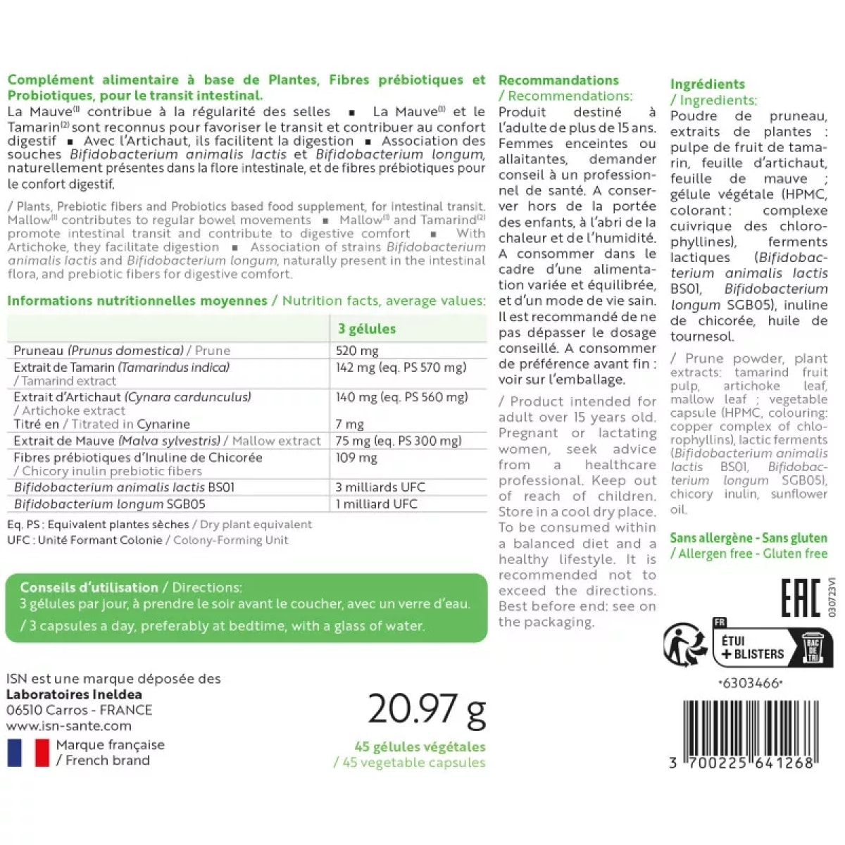 Ineldea Santé Naturelle - Transiregul- Complément alimentaire aux extraits de plantes - Contribue à la régularité des selles et à une meilleure digestion - Cure de 15 j - 45 gélules végétales