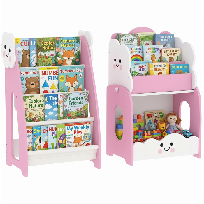 Estantería Infantil para Juguetes 3 en 1, Organizador de Juguetes con Librería, Revistero y Mesita de Noche, para Niños 3-8 Años, para Dormitorio, Sala de Juegos, 85,5x32x72 cm, Rosa