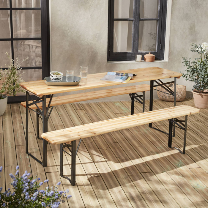 Table de jardin pliante bois de sapin + 2 bancs BAYONNE – Esprit brasserie. pliable. 6 personnes