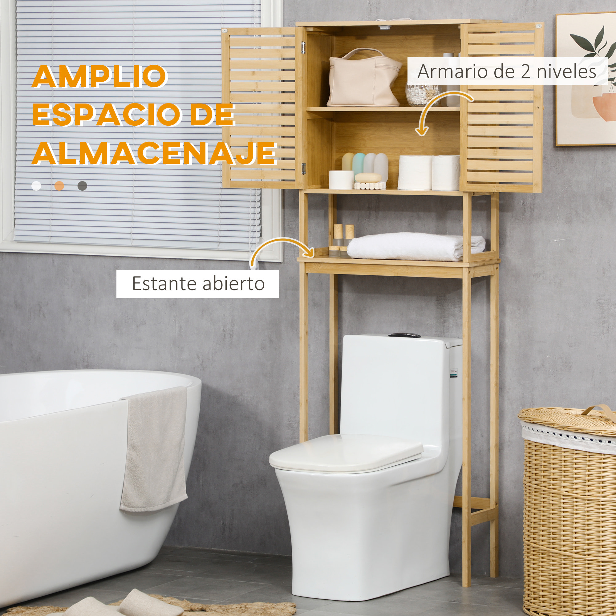 Mueble de Bambú sobre Inodoro Armario Alto para Lavadora con 2 Puertas 1 Balda Interior y 1 Estante de Almacenaje para Baño 60x23x173 cm Natural