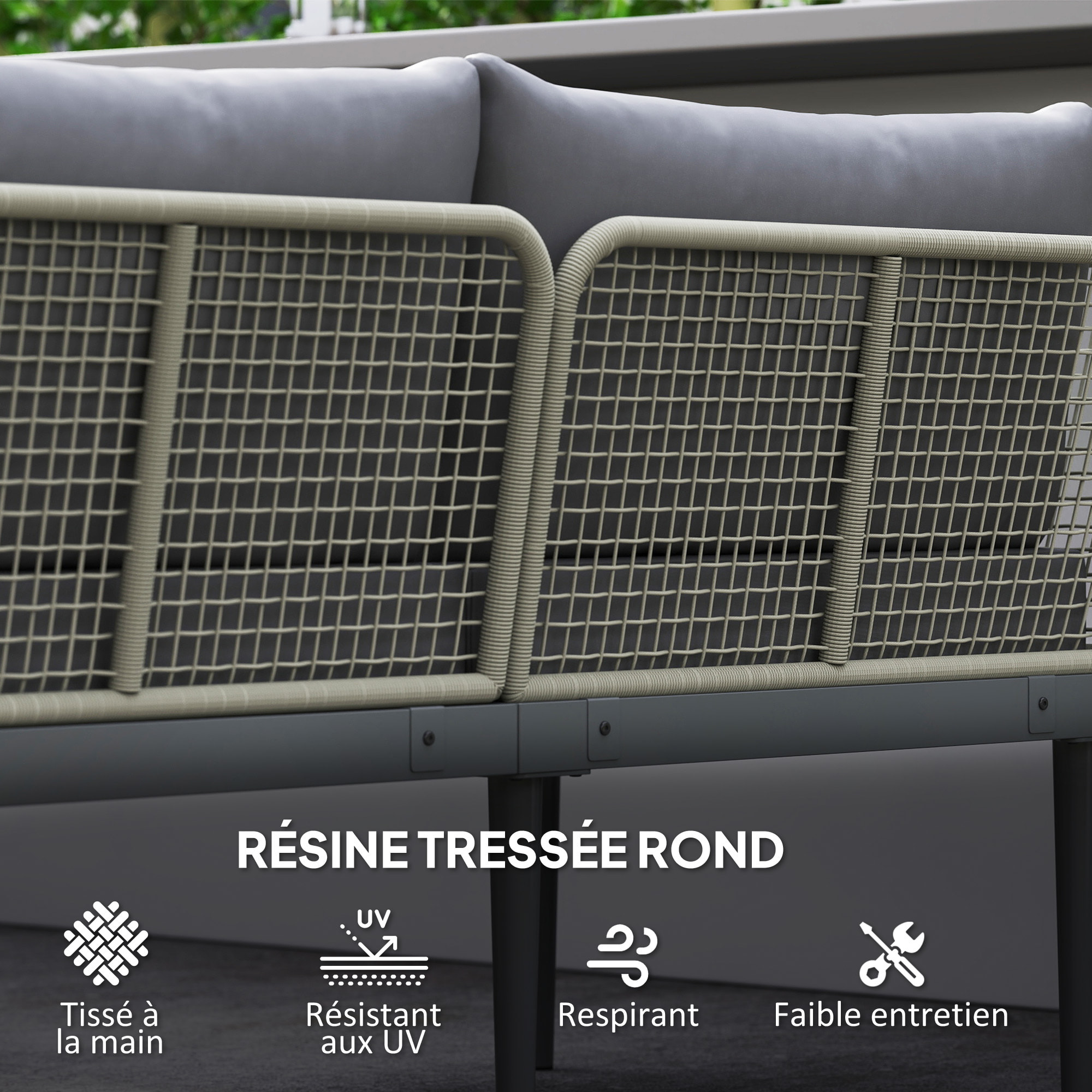 Salon de jardin design modulable 4 places 3 pièces acier coussins gris étagère plateau bois acacia