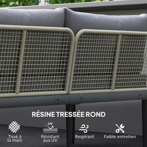 Salon de jardin design modulable 4 places 3 pièces acier coussins gris étagère plateau bois acacia