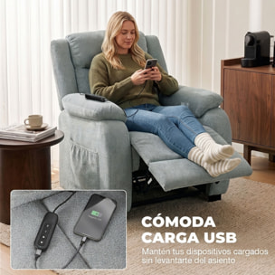 Sillón Relax Reclinable Eléctrico, Sillón Reclinable de Lino, con Asiento con Muelles, Respaldo Grueso, Reposapiés, Reposabrazos Anchos, Mando, Puerto USB y 2 Bolsillos Laterales, Verde