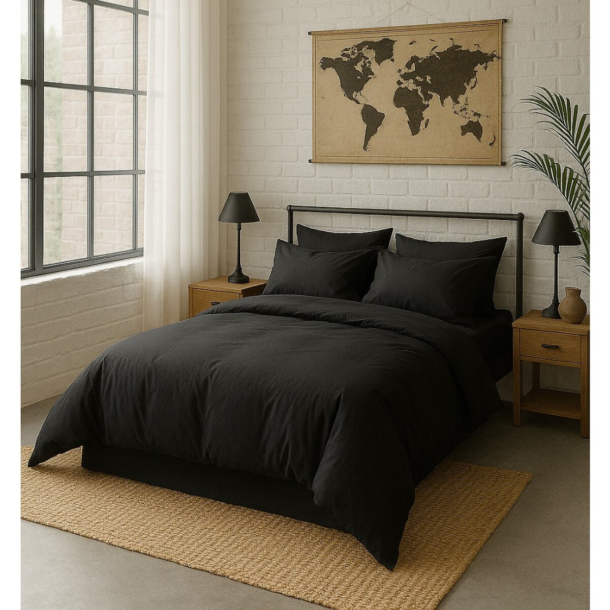 Paire de Taies D'oreiller Avec Volant 100% Percale De Coton Lavé Noir Minuit