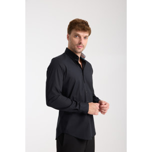 camicia uomo 1 bottone button down slim Popeline Stretch Unito Nero