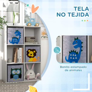 Estantería para Juguetes Infantil Librería para Niños de +3 Años con 6 Compartimientos de Almacenaje y 3 Cajones de Tela no Tejida con Imagen de Animales 61,8x29,9x91,5 cm Blanco y Gris
