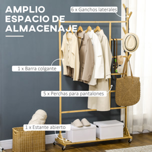 Perchero de Pie de Bambú con Ruedas Perchero de Madera Multifuncional con 6 Ganchos Barra y Estante para Pasillo Entrada Dormitorio 100x37x191 cm Natural