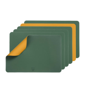 Set de table rectangulaire réversible - 6 pièces - Cuir recyclé jaune moutarde et vert sapin
