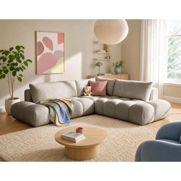 Yulin - Canapé d'angle L 5 places convertible avec coffre en tissu bouclette - Taupe