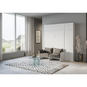 Cama abatible 160 vertical Kentaro Sofà con columna - módulo a pared superior - módulo con apertura vasistas Fresno Blanco