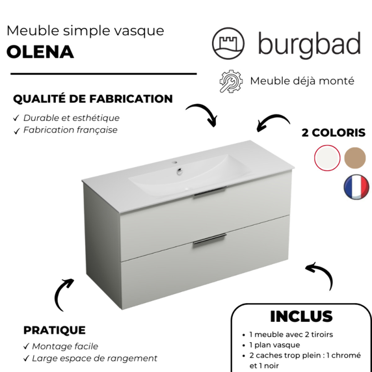 Meuble vasque 60 cm BURGBAD Olena blanc brillant