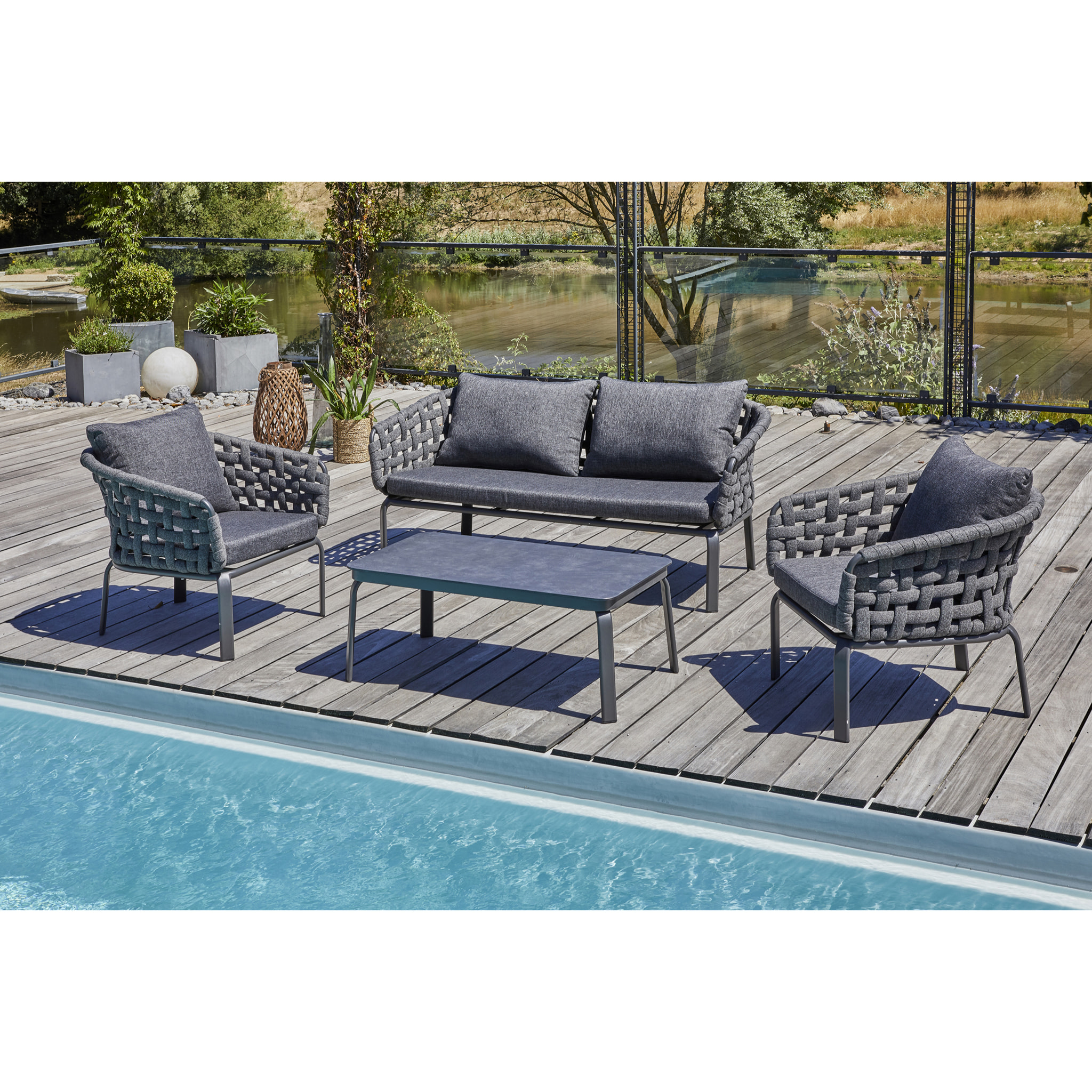 CAMARGUE - Salon de jardin 4 places en corde tissée et aluminium