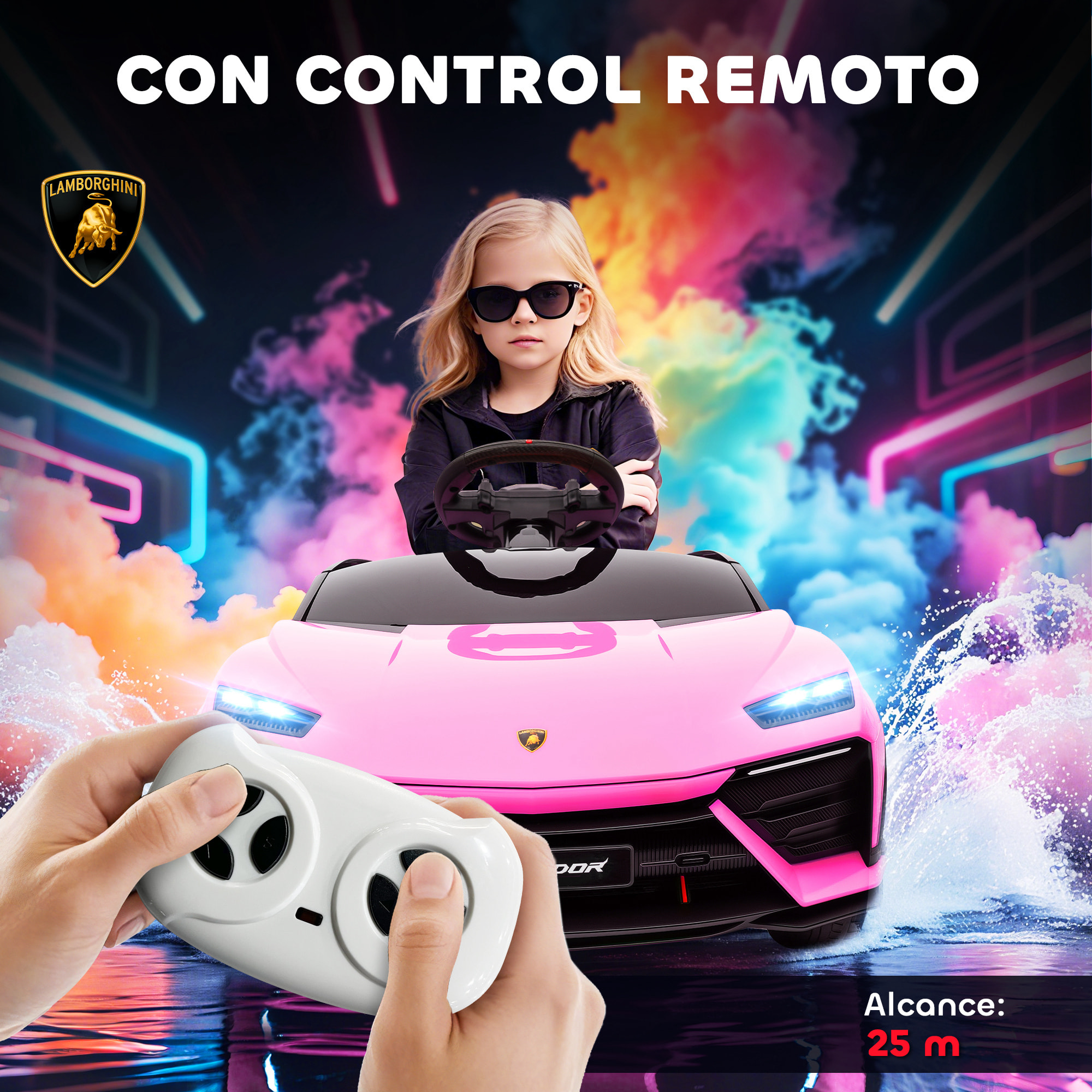 Coche Eléctrico para Niños de +3 Años, Lamborghini, Coche de Batería 12V, con Mando a Distancia 2,4 G, Motor Doble, Ruedas con Suspensión, Faros, Música, USB, Rosa