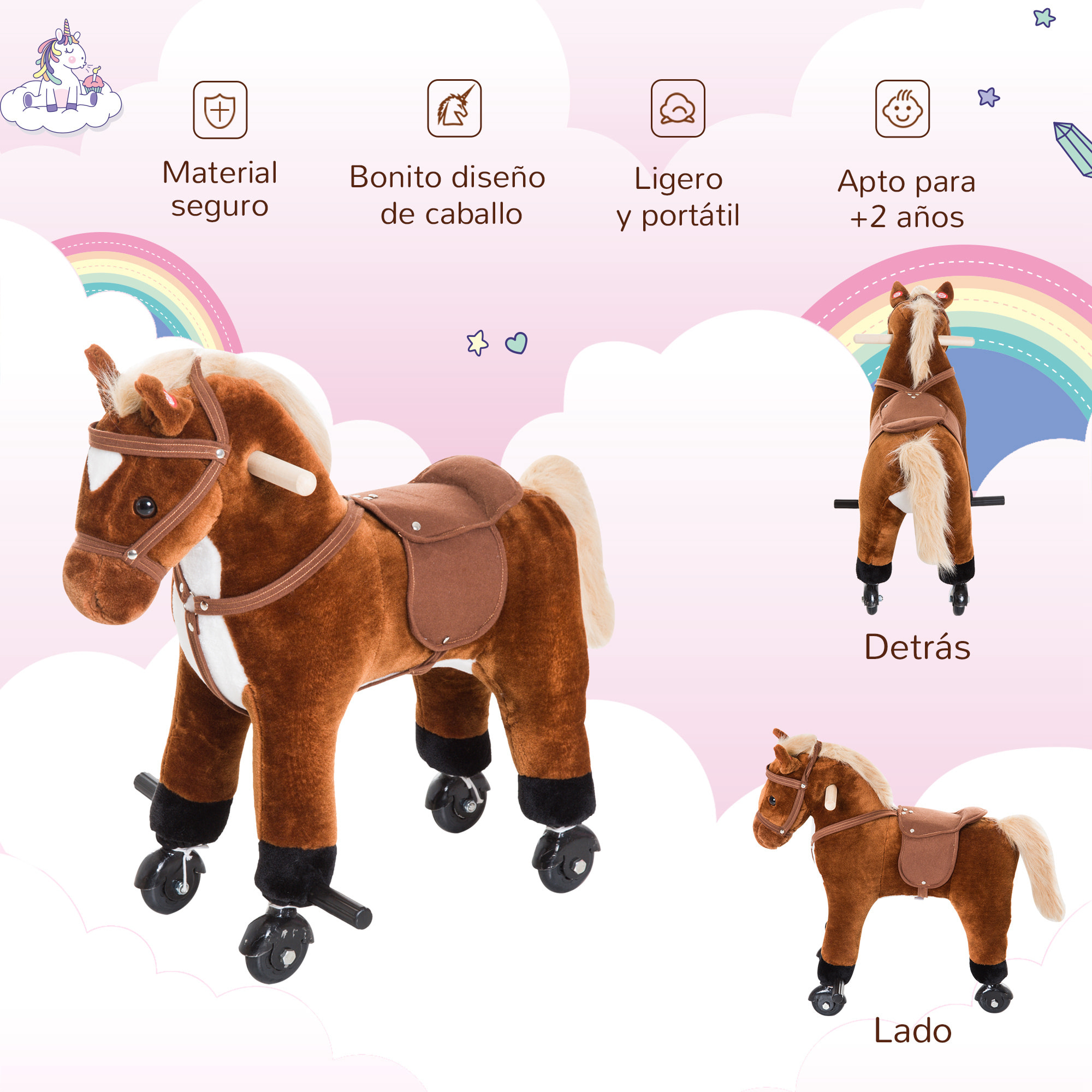 Caballito para Bebes de +2 Años Caballo con Ruedas Sonidos de Relincho Palos y Pedales Carga 60 kg 55x23x60 cm Marrón