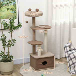 Árbol Rascador para Gatos Altura 133 cm Árbol para Gatos Torre para Gatos con Nido Plataformas Bola Colgante y Poste de Yute Café
