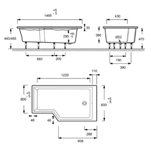 Pack baignoire bain douche antidérapante 150 x 80 Neo blanc mat - v.droite + pare bain chromé + tablier