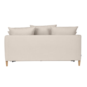 Canapé convertible scandinave 3 places en tissu effet velours beige et bois clair LOUISE