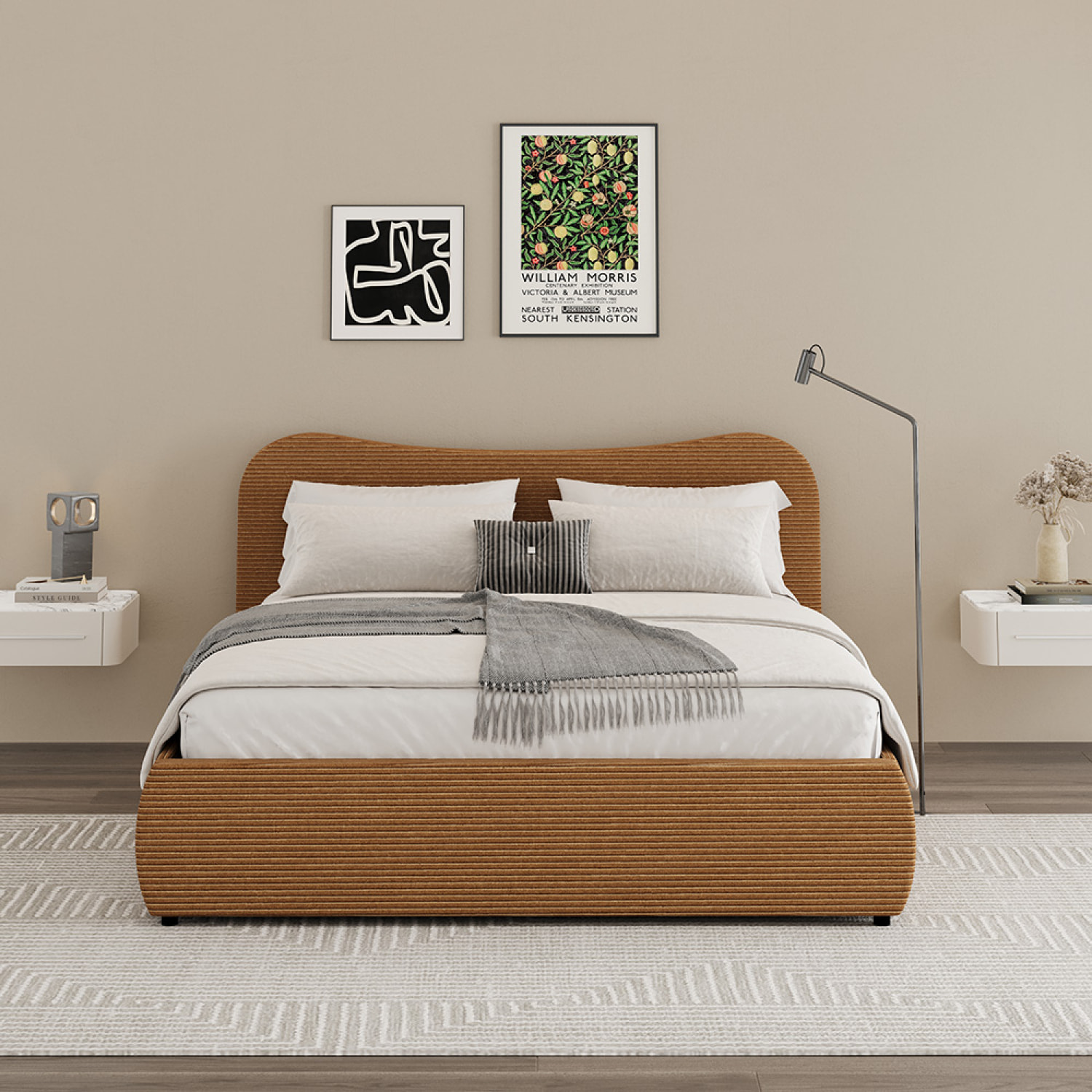 Lit coffre 140x190cm design arrondi velours côtelé marron MILANO
