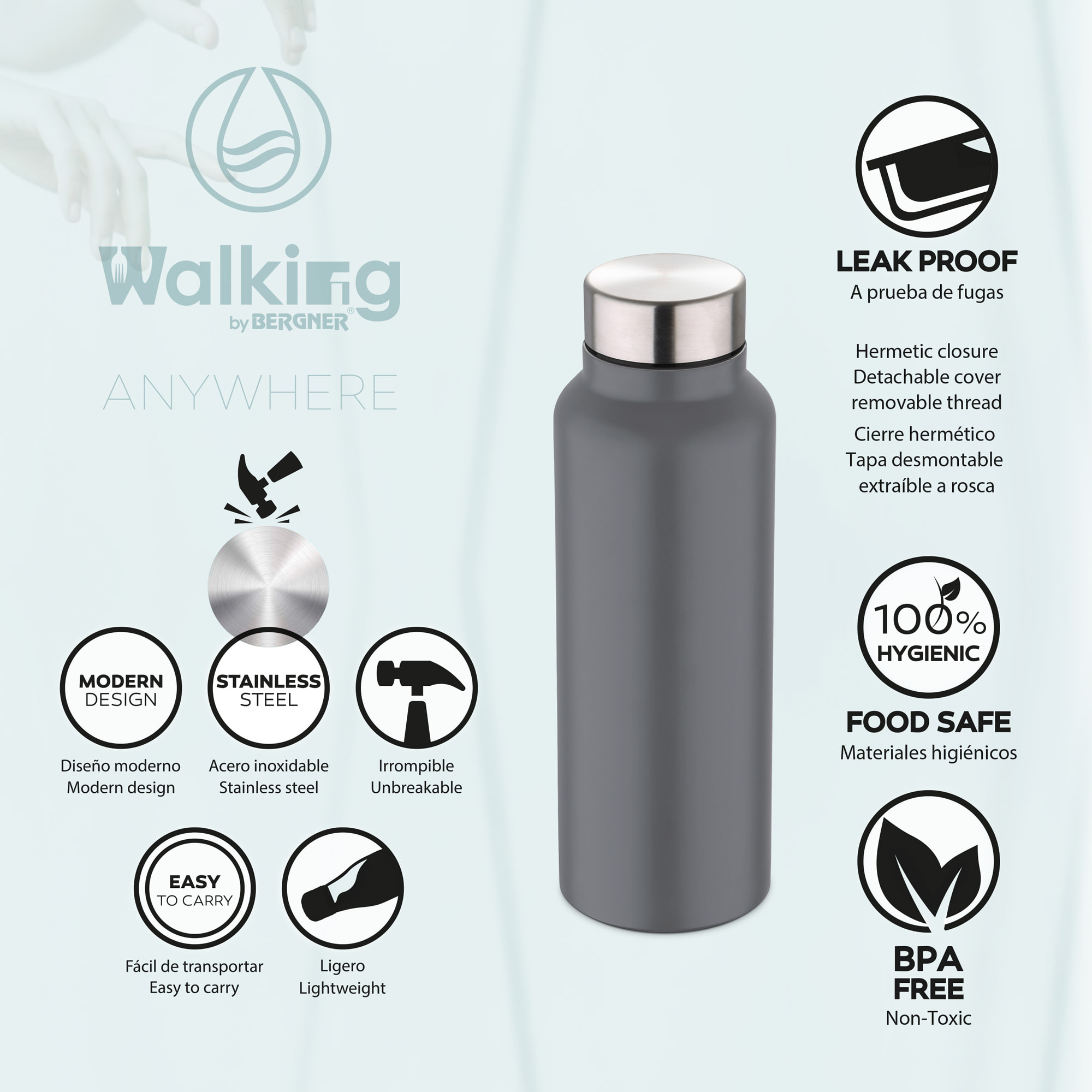 Botella agua 750ml gris Walking anywhere- Bergner