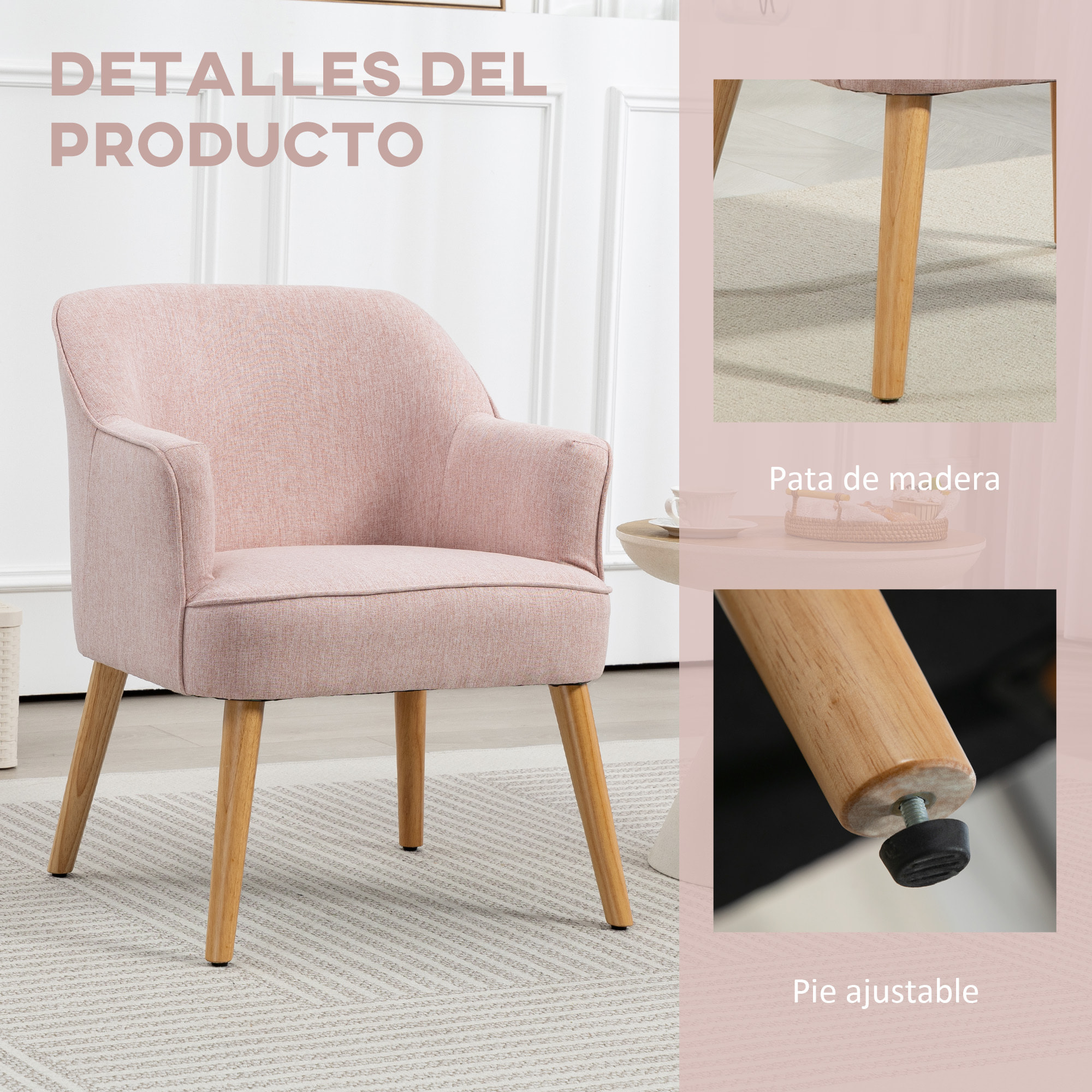 Butaca de Salón Moderno Sillón Individual Tapizada en Lino con Patas de Madera Reposabrazos y Almohadillas Ajustables para Dormitorio Oficina Estudio Carga 120 kg 64,5x65x79,5 cm Rosa