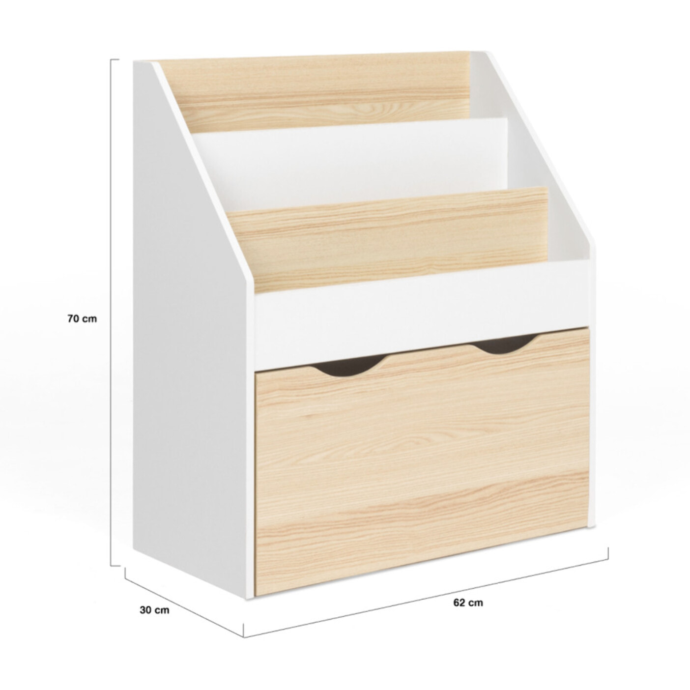 Meuble bibliothèque enfant Mia sur roulettes effet hêtre et blanc