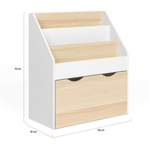 Meuble bibliothèque enfant Mia sur roulettes effet hêtre et blanc