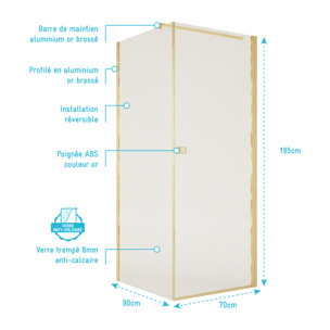 Porte de Douche Pivotante 70x195cm et Retour 90cm - Verre 8mm Anticalcaire - Profil Or Brosse