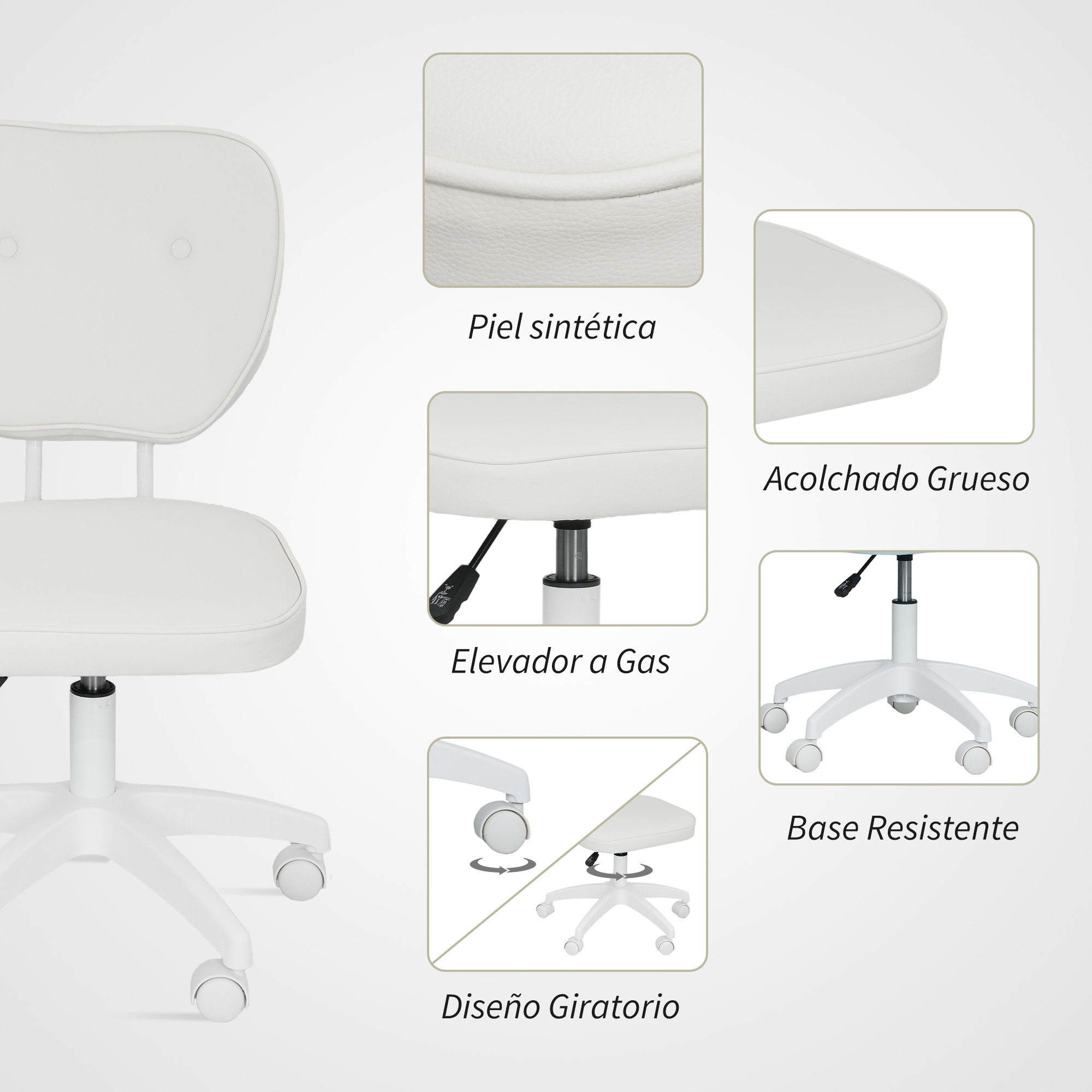 Silla de Escritorio Tapizada en PU Silla de Oficina Giratoria con Altura Ajustable sin Brazos Carga 120 kg para Estudio Dormitorio 46x59x82-92 cm Blanco