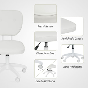Silla de Escritorio Tapizada en PU Silla de Oficina Giratoria con Altura Ajustable sin Brazos Carga 120 kg para Estudio Dormitorio 46x59x82-92 cm Blanco