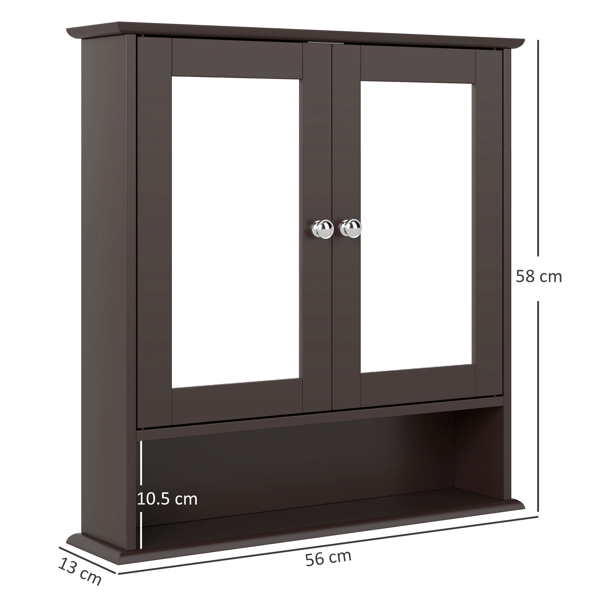 Armario de Baño con Espejo, Armario de Pared con 2 Puertas, Estante Abierto, Estante Ajustable, Mueble de Baño Colgar para Cocina, Salón, 56x13x58 cm, Marrón Oscuro